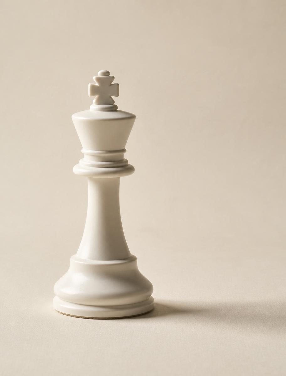 A single white king piece against a cream background
